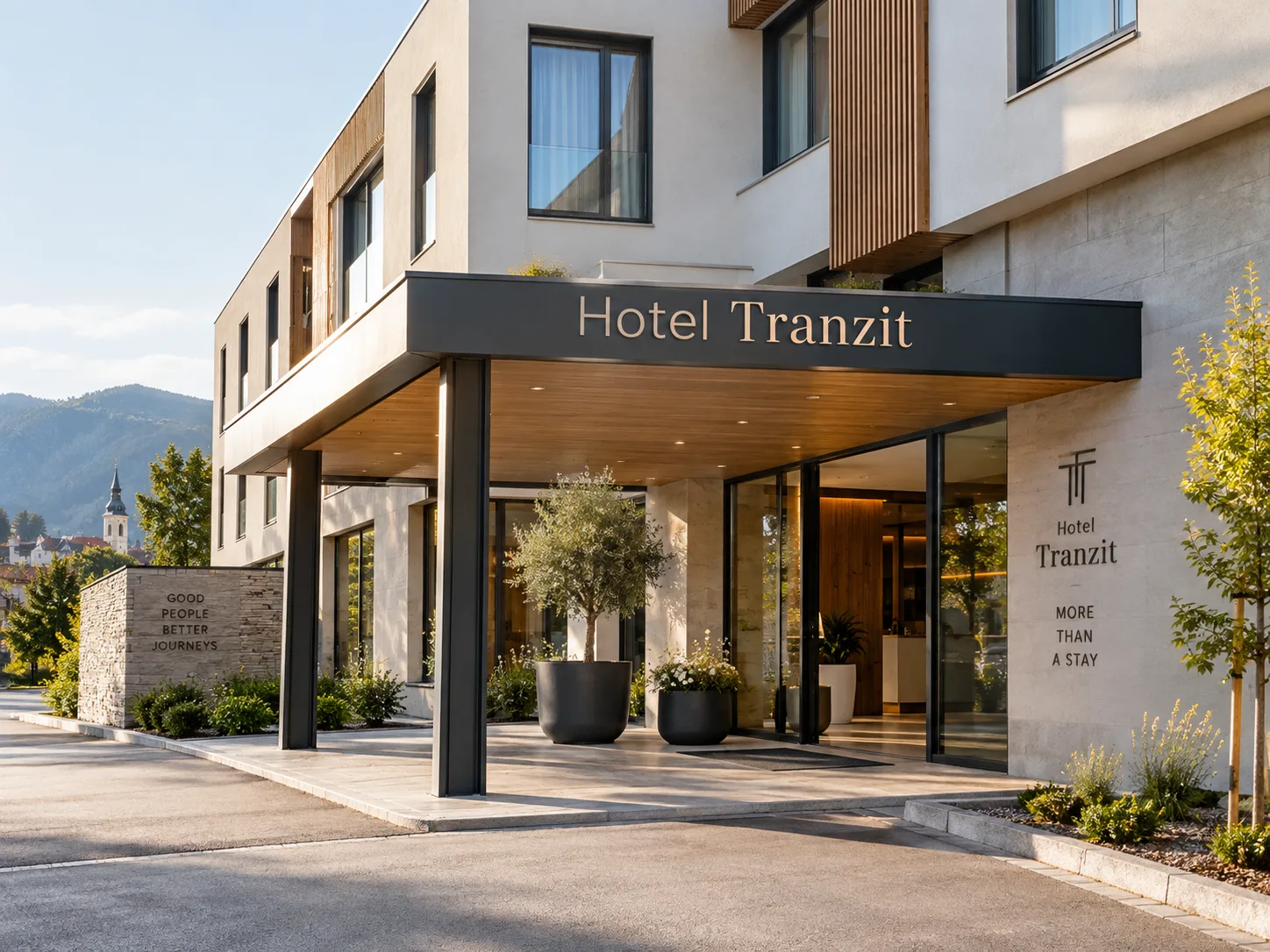 Pročelje Hotela Tranzit z nadstreškom in hribi v ozadju